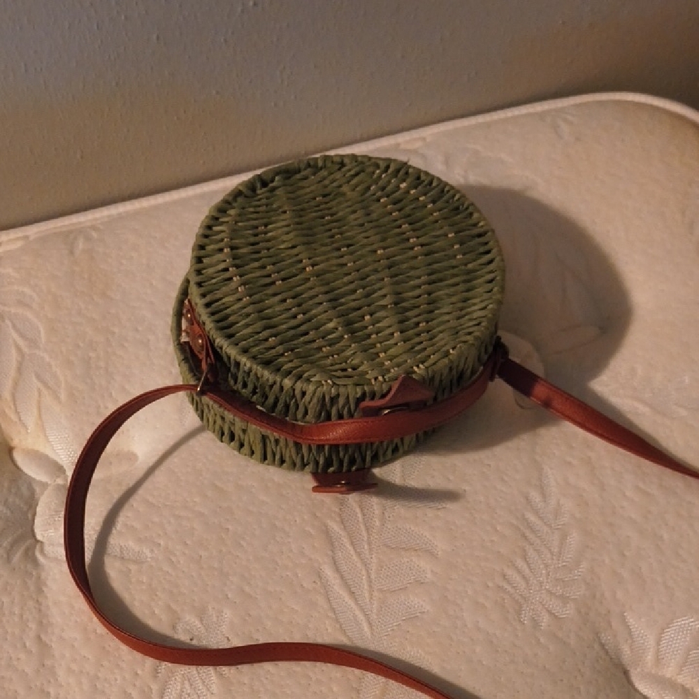 Green Woven Round Bag with Brown Strap